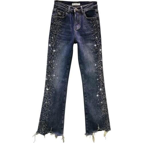 2021 New Women Hot Rhinestone Cotton Elastic Jeans Spring Autumn High Waist Wide-Leg Pants Plus Size Womens Casual flared Pants