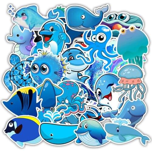 49 PCS Blue Ocean Cartoon Animal Fish Shark Doodle Stickers For Laptop Notebook Fridge Waterproof Bicycle Suitcase Anime Decals