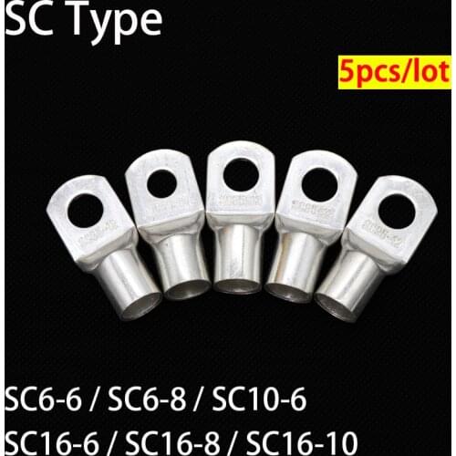 5pcs SC Type Wire Nose Terminal SC6 SC10 SC16 Bare Copper Battery Block Lugs Hole ID 6mm 8mm 10mm Crimp DTGA Cable End Connector