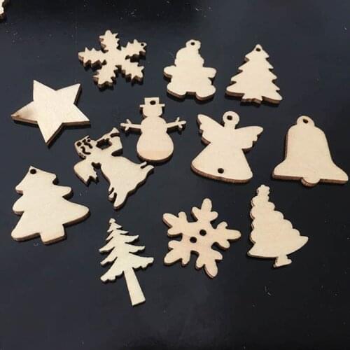 50Pcs Natural Wood Christmas Ornaments Reindeer Tree Snowflakes Bell Santa Star Xmas Decorations Home 2021