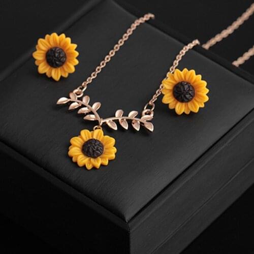 Creative Rose Gold Fashion Bohemia Sunflower Earrings Necklace Set For Women Janedream Drop Dangle Jewelry Set