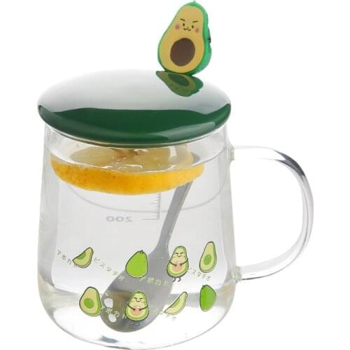 Japanese Style Scoop Cup with Cover Creative Personality Avocado Cartoon Design High Borosilicate Glass Mug with Lemon