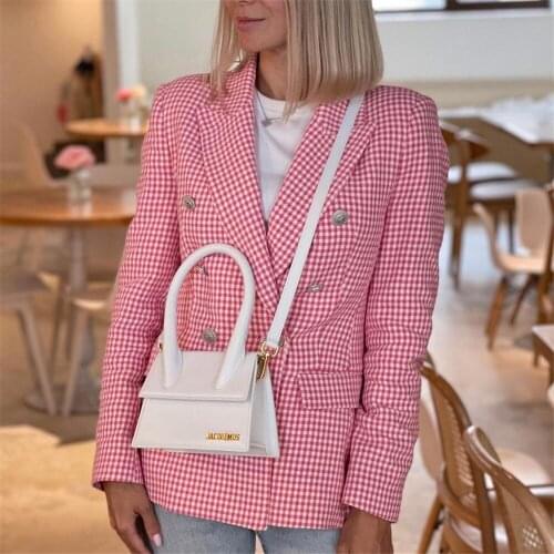 Fashion Double Breasted Houndstooth Blazer Coat Women Vintage Long Sleeve Pockets Female Outerwear Ladies Suit Blazer