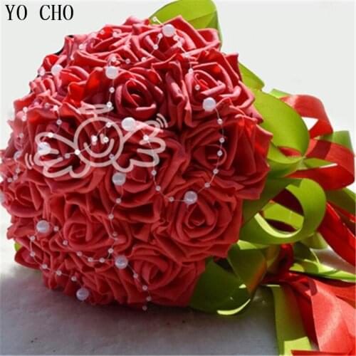 New red wedding bouquet bead rose bride bouquet wholesale with green ribbon bridesmaid bouquet