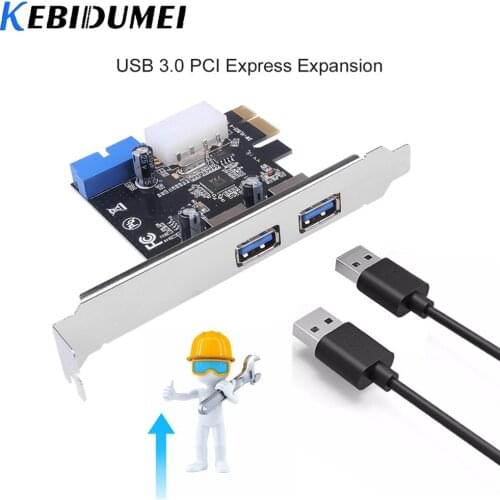 Kebidumei USB 3.0 PCI-E Expansion Card Adapter External 2 Port USB3.0 Hub Internal 19pin Header Card 4Pin IDE Power Connector