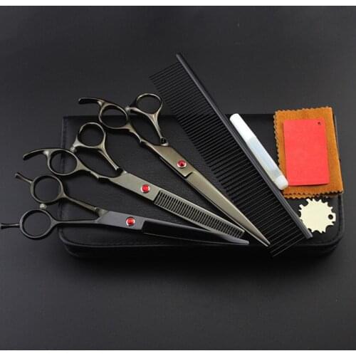 4 kits Professional Black pet 7 inch shears cutting hair scissors set dog grooming clipper thinning barber hairdressing scissors