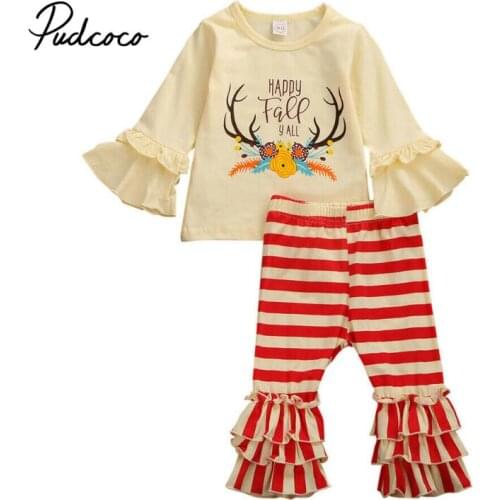 Pudcoco 6M-5T Toddler Kids Baby Girls Clothes Sets Flare Sleeve Tops Red Striped Pants Leggings Outfits Set Spring Clothing