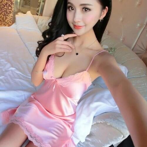 QB-103 Lace Deep V-neck Nightdress Sexy Lingerie Nightgowns Sleepwear Night Dress Women Sleeveless Faux Silk Satin Nightwear