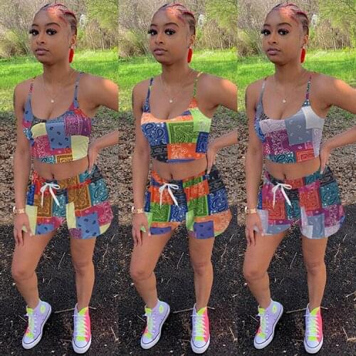 Contrast Color Two Piece Short Sets Active Bandanna Paisley Print Cami Cropped Top Darwstring Pant Outfit Jogger Tracksuit