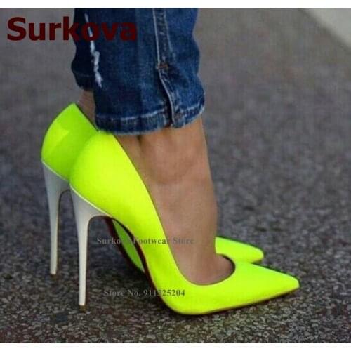 Surkova Neon Yellow 12cm High Heel Pumps White Stiletto Heels Shallow Wedding Shoes Pink Denim Gorgeous Banquet Footwear Size45