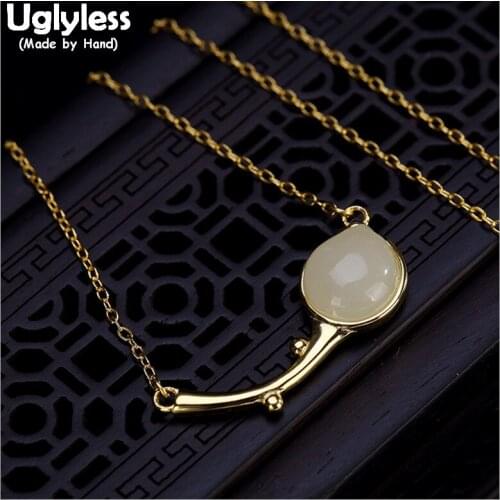 Uglyless 100% Real 925 Sterling Silver Handmade Jade Peach Pendants With Chains Gold Plated Gemstones Chokers Flower Necklaces