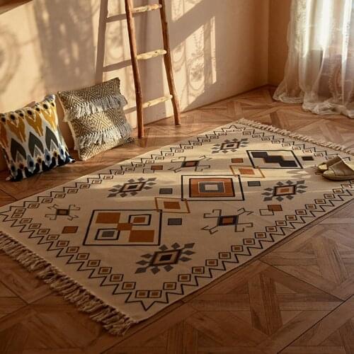 Vintage Cotton and Linen Tassels Floor Mat Bedroom Bedside Mat Living Room Sofa Coffee Table Mat Machine Washable