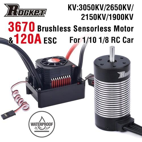Rocket 3670 Waterproof Brushless Sensorless Motor 3050KV 2650KV 2150KV 1900KV w/120A ESC for 1/8 1/10 RC Off-road Car Toys