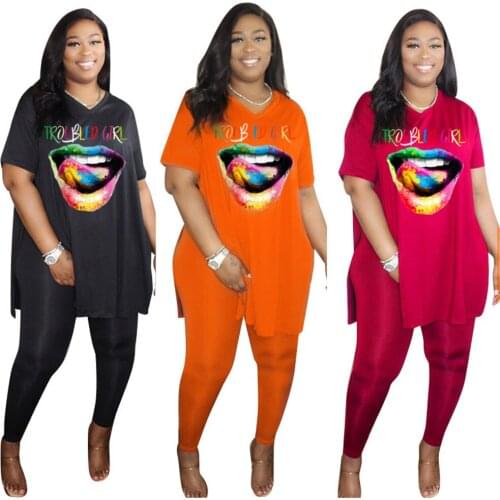 Clothing Casual Womens 3xl Colorful Lips Offset Print Short Sleeve Sexy Split Fork Tops Two Piece Suit Wholesale Dropshipping