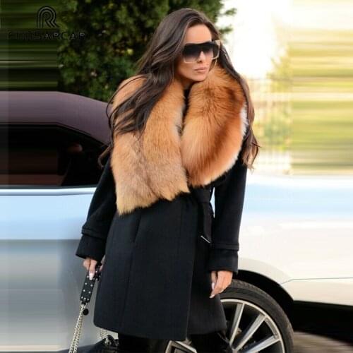 FURSARCAR Women Real Fur Coat Luxury Sheepskin Coat With Red Fox Fur Collar Winter Fashion Clothes Female Wool Fur Overcoats