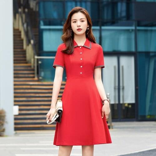 Ladies Summer Short Sleeve Elegant Red Slim Hips Dress OL Styles Business Work Wear Dresses Ladies Vestidos Career Clothes