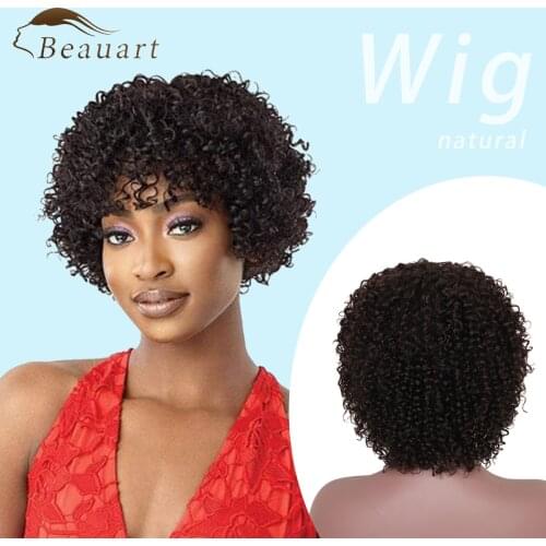 Beauart Bob Cut 100% Human Hair None Lace Front Wig 11"Afro Kinky Curly Wig For Black Women With Bangs Afro Wave Curls Full Wig