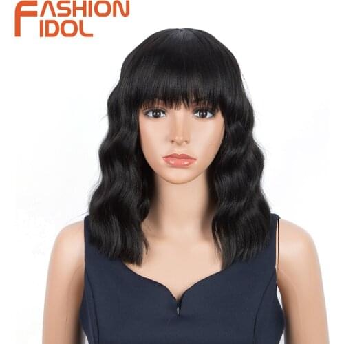 Black Bob Wigs With Bangs Style Lolita Short Water Wave Hair 13 Inches Synthetic Brown Wig Cosplay For White Women FASHION IDOL