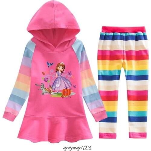 Disney Fashion Girl Dress Sofia princess Spring and Autumn Cute Girls Cotton Hooded Sweater kids Casual Hoodie Dress +Pants