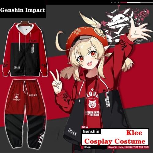 Klee Cosplay Costume Hot Game Genshin Impact Hooded Sweatshirt Anime Sports Jacket Print Pants Jacket Coat zipper