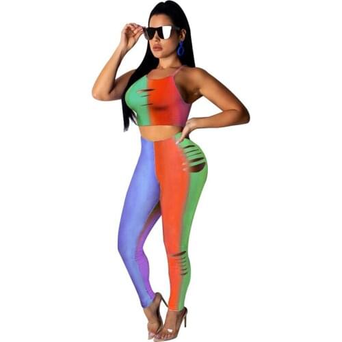 Gradient Neon Tie Dye Hole Sexy Two Piece Matching Sets Crop Top and Pants Festival Summer Clothes for Women 2 Piece Set 2020