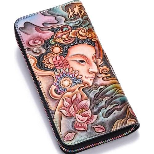 Handmade Genuine Leather Wallets Carving Buddhism Elephant Bag Purses Women Men Long Clutch Vegetable Tanned Leather Wallet Gift