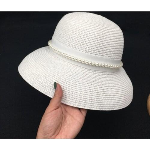 Summer hat goddess of pure color pearl pot cap bell-shaped British tide Hepburn wind big eaves topi to travel