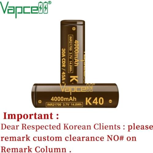 Vapcell INR 21700 K40 4000mah 30A/45A 3.7V Li Ion Battery Similar As 40T /P42A Rechargeable Good Consistency cell For Flashlight