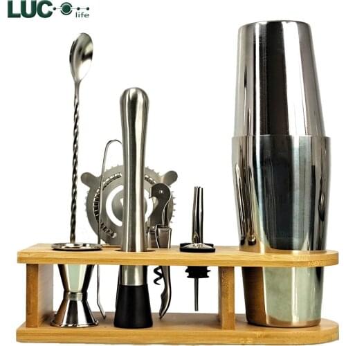 Cocktail Shaker Set Jigger Mixing Spoon Tong Barware Bartender Tools w/Wood Storage Stand Bars Mixed Drinks