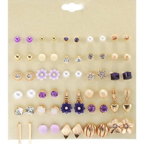 30Pairs/Sets Women Mixed Crystal Small Stud Earrings Sets Girl Heart Tower Flowers Arrow Pearl Beads Earring Sets Women Jewelry