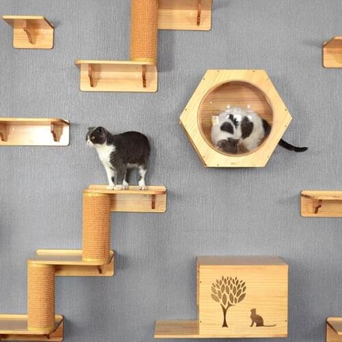 Wall-mounted Cat climbing Frame Cat Tree Solid Wood Hexagon Space Capsule Cat Wall Springboard Kitten House Ladder Pet Furniture