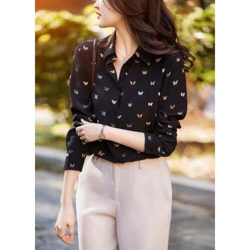 Summer New Arrival 100% Silk Single Breasted Shirt 2021 Women Runway Fashion Office Ladies Ink Butterfly Print Black Blouse