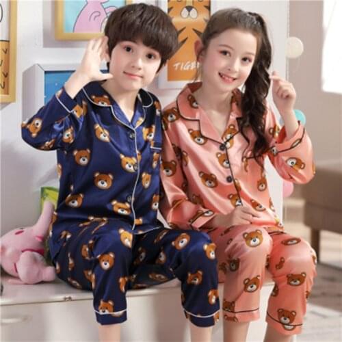 New Lapel Printed Silk Long-Sleeved Pajamas Set Girls Bear Cartoon Childrens Home Wear Toddler Boy Pyjamas Pjs for Kids