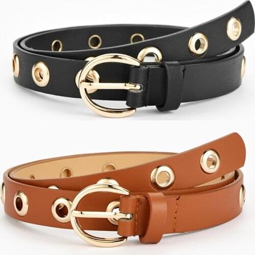 Fashion Belt Women Personality Eyelet Grommet Metal Buckle Waistband Female PU Leather Thin Belts For Jeans Decorative Strap