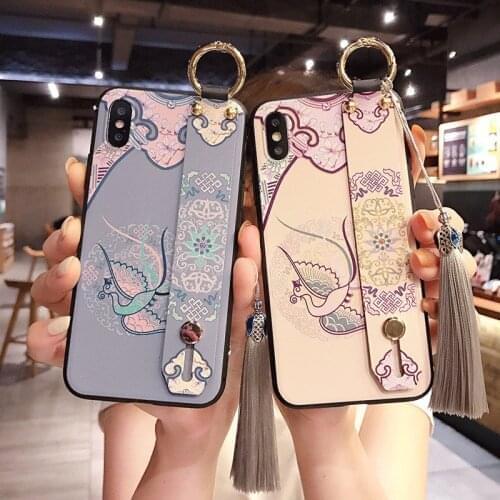 Retro 3D Emboss Phone Case for Samsung S10e S8 S9 S10 S20 Ultra Plus Note 8 9 10 Plus Soft Back Covers Wrist Strap Tassel Capa