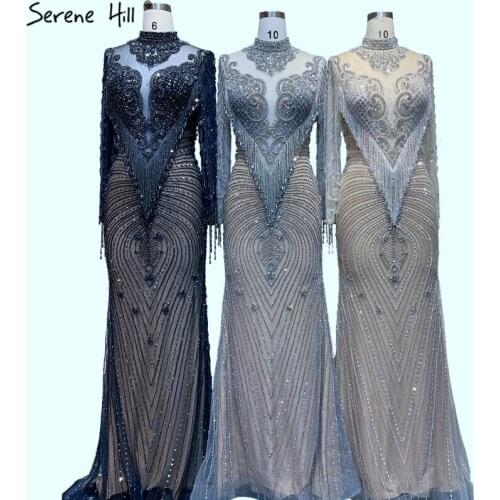 Luxury Mermaid Long Sleeves Silver Nude Beading Tassel Evening Dresses High Neck Formal Dress Serene Hill 2021 LA70525