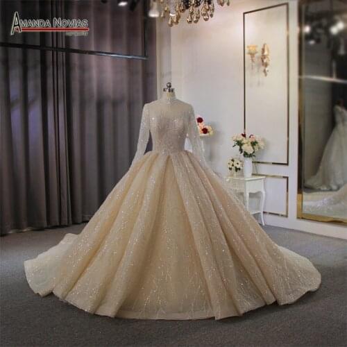 High quality champagne wedding dress full beading with high neckline 2020