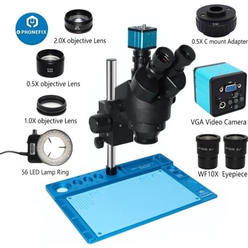 3.5X-90X Simul-focal Trinocular Stereo Microscope VGA HDMI Camera + Aluminum Pad Phone PCB Soldering Lab Industrial Microscope