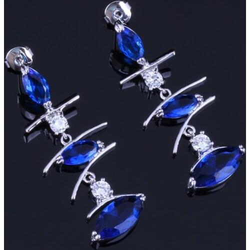 Impressive Long Marquise Blue Cubic Zirconia White CZ Silver Plated Drop Dangle Earrings V0793