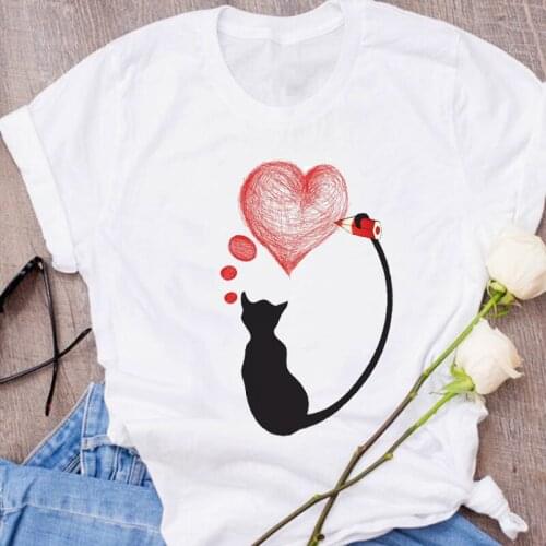Women Graphic Sweet Love Heart Shape Cat Cartoon Clothes Floral Lady Tees Print Tops Clothing Female T Shirt Womens T-Shirt