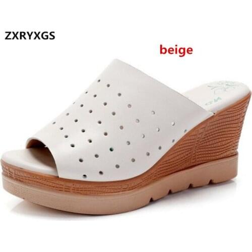 2019 Newest Summer Women Shoes Casual Sandals Slippers Large Size 33-43 Hollow Genuine Leather Shoes Slope High Heeled Sandals