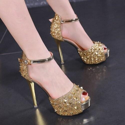 Women sandals PU Sequined Cloth Buckle Strap 12CM Thin Heels High heels Peep Toe Bling Rhinestones waterproof Shallow Golden