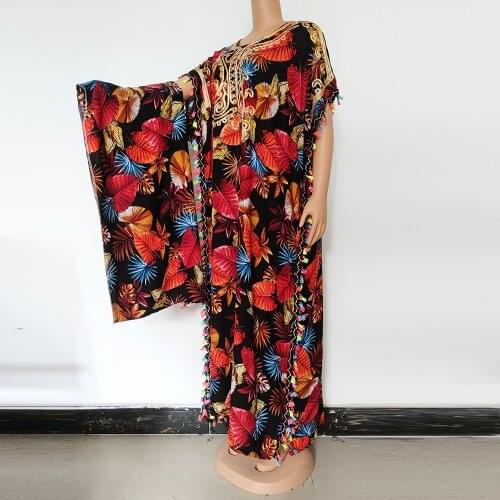 Plus Size Robe African Clothes For Women Multicolor Leaves Print Short Sleeve Cotton Femme Maxi Robe Tassel Beauty Dress Holiday