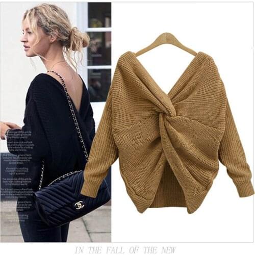 Women Loose Knitted Pullover Tops Female Autumn Casual V-Neck Backless Solid Free Size Knitting Outwear Girl Fashion Sexy Jumper