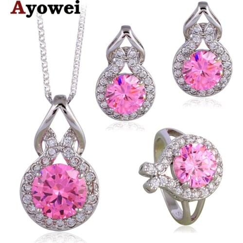 Nobby Cubic Zirconia Fashion Jewelry Set Silver Stamped Birthday Gifts Pink Crystal Clip Earrings Necklace Ring for Women JS627A