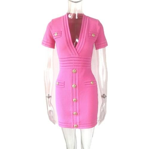 European Summer Womens Clothing 2021 Chic Slim Charming V-Neck Pink Knitted Mini Short Dress Office Commuter Style High Quality
