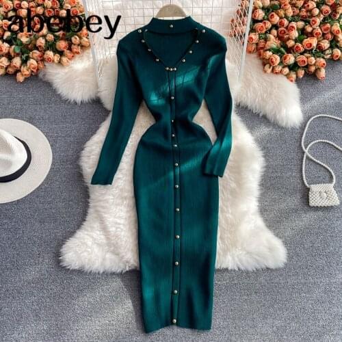 Design Hollow Knitted Dress Women Long Sleeve Elastic Slim Pencil Dresses Autumn Winter Korean Bodycon Sweater Dress