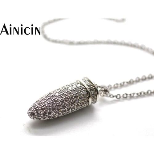 1pc White Rhinestone Crystal Setting Silver Copper Bullet Shape Pendant 18 Inches Chain Necklace for Man And Women Jewelry