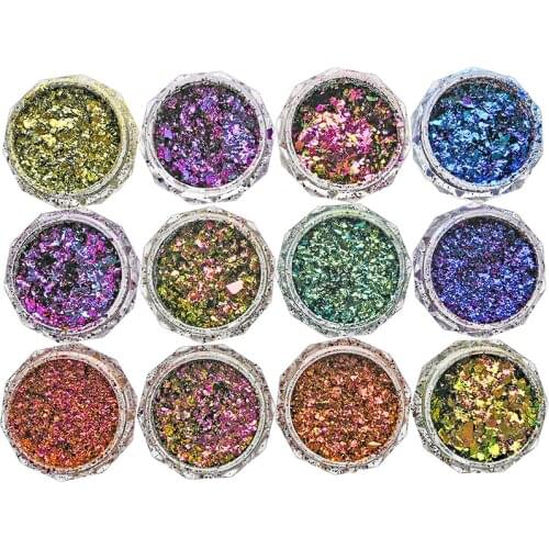 10g/BAG Chameleon Powder Nail Chrome Pigment Blue/Purple/Green/Yellow 12color Thick Holographic Chunky Glitter Bulk For Manicure