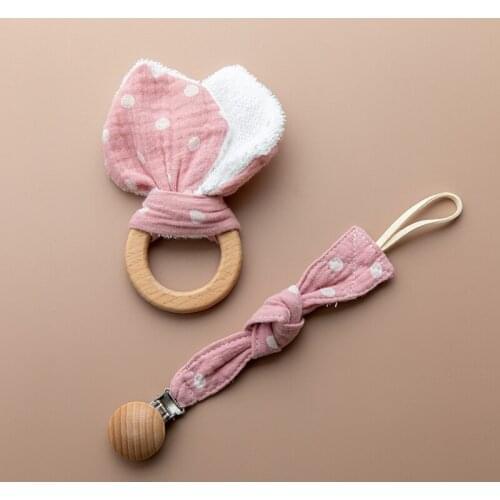 2pc/Set Pacifier Dummy Clip Bunny Ear Rattle Baby Ring Teether Bracelet Wooden Baby Gym Toys Nipple Soother Holder Baby Products